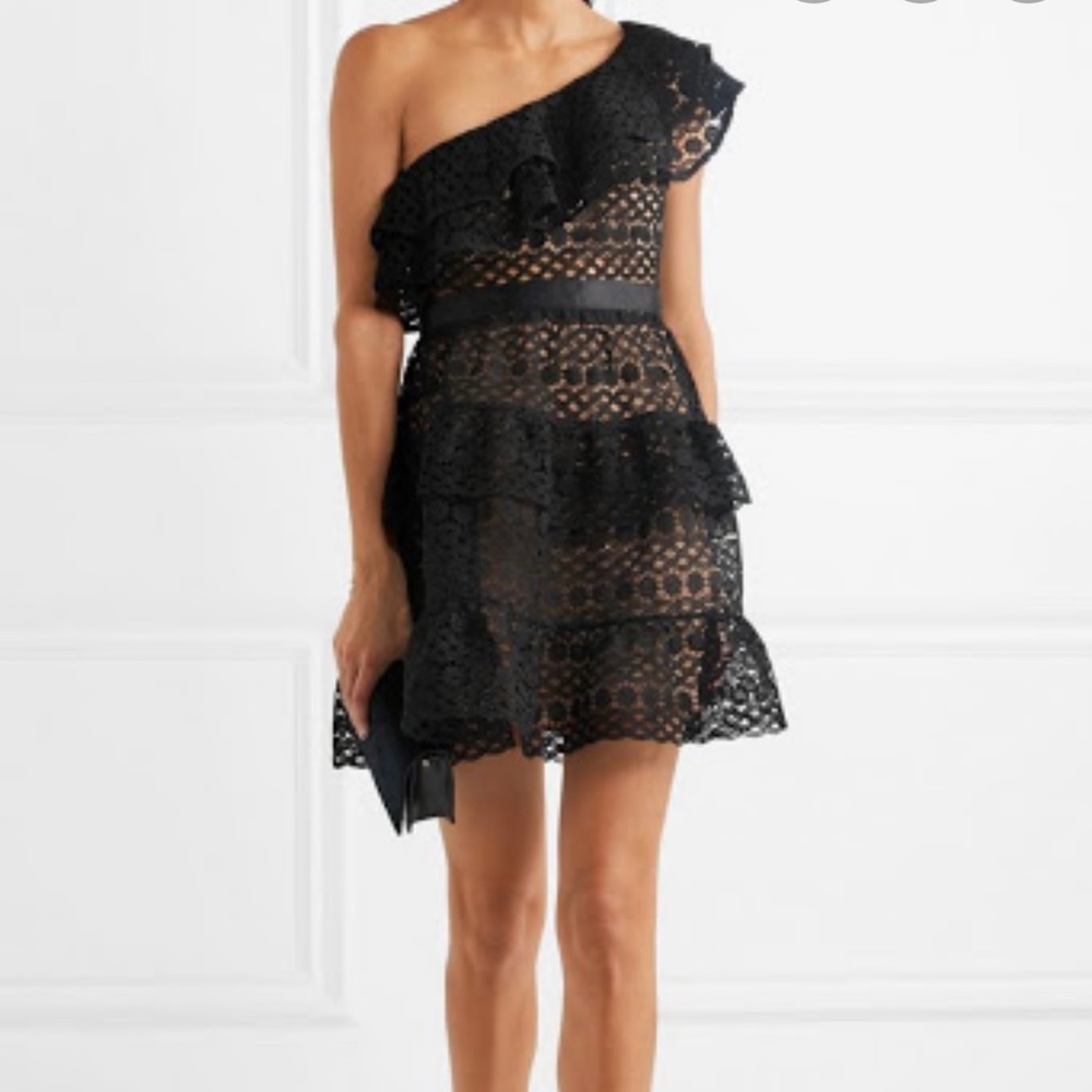 Self-Portrait One-shoulder black lace dress
